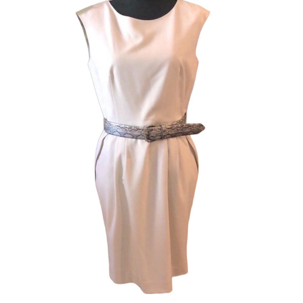 CALVIN KLEIN SLEEVELESS SHIFT DRESS LIGHT TAN WITH SILVER SNAKE PRINT BELT SZ 8